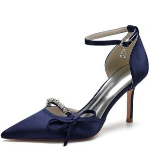 NWT w/ box Navy Satin Ankle Strap Rhinestone Pointed Toe Stiletto Wedding Pumps